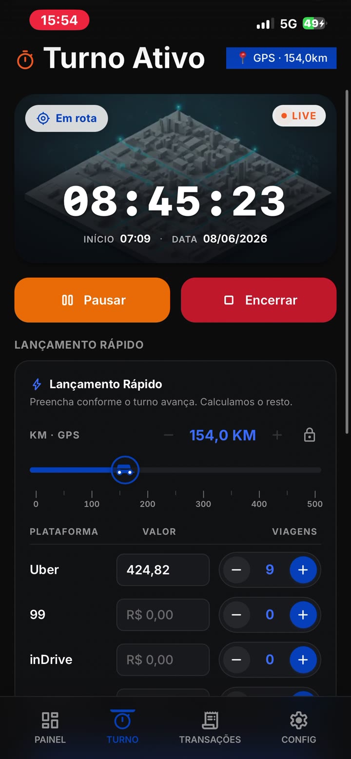 Tela Turno Ativo do app DriveFlow: cronômetro do turno em rota, KM rodados por GPS com barra de ajuste e lançamento rápido de ganhos por plataforma.