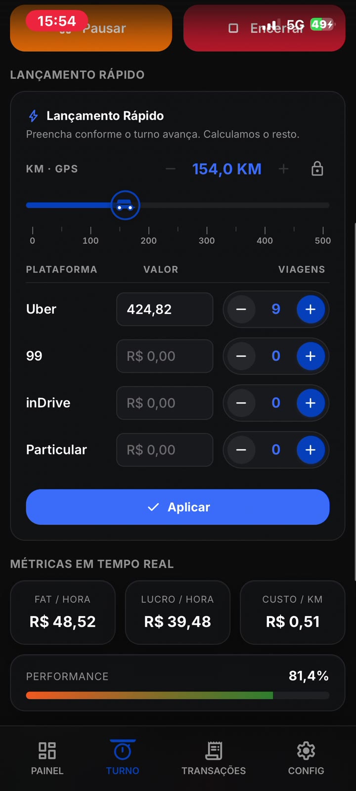 Tela de Lançamento Rápido do DriveFlow com KM por GPS e ganhos por app, e métricas em tempo real: faturamento/hora R$ 48,52, lucro/hora R$ 39,48 e custo por KM R$ 0,51.